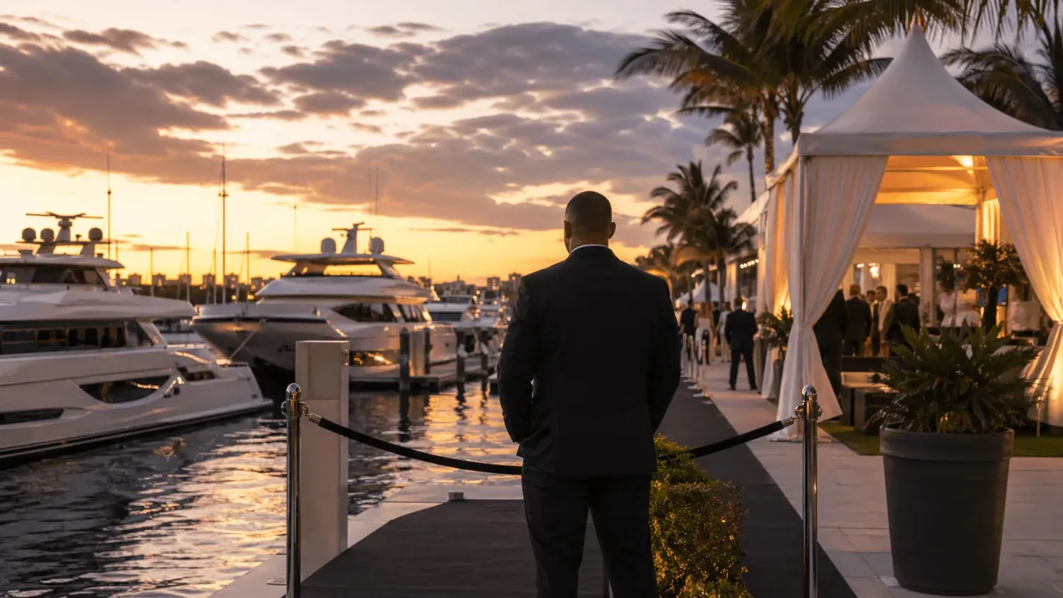 Event security officer overseeing a waterfront marina venue at sunset in Fort Lauderdale, FL