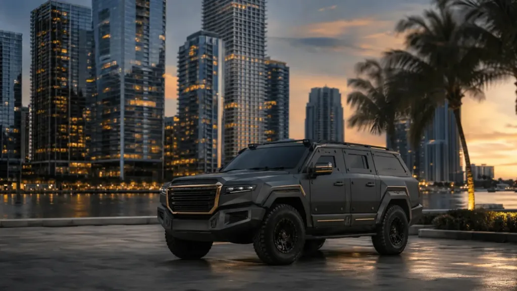 Armored SUV for executive protection and secure transport with the Miami skyline at sunset in Miami
