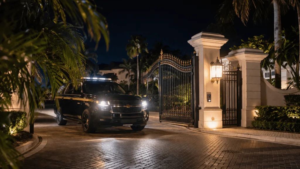 24/7 mobile security patrol SUV at a gated community entrance at night in Boca Raton, FL