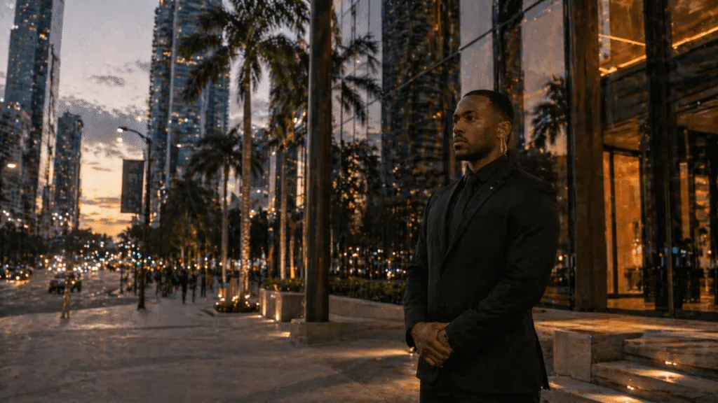 Security guard outside Miami high-rise at dusk for armed and unarmed protection services