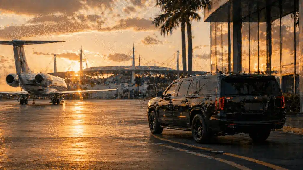 Black executive protection vehicle positioned beside private aviation facility at sunset