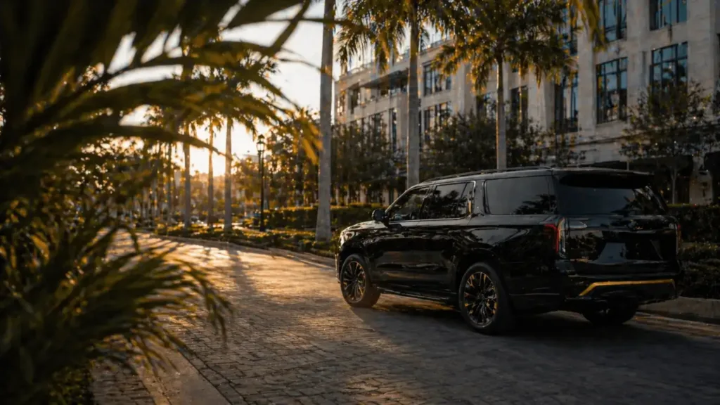 Luxury car drive down a palm boulevard