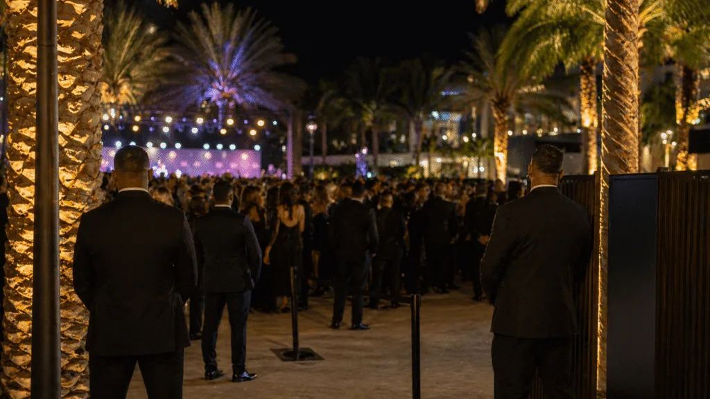 Event security team monitoring a large outdoor entertainment crowd at night in Miami, FL