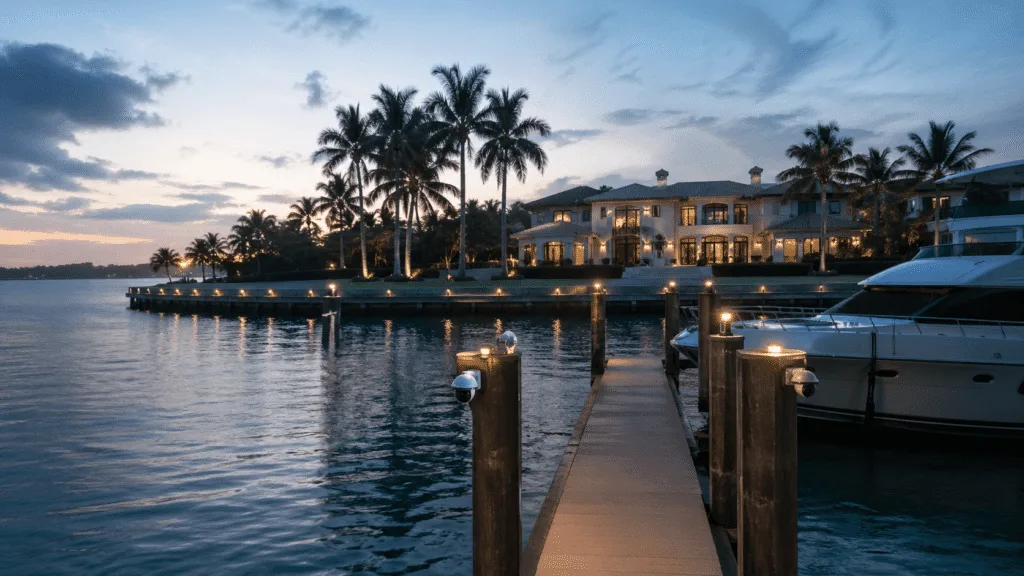 Waterfront estate dock with security cameras and yacht at dusk in Jupiter, FL