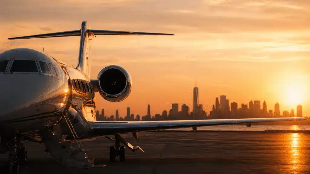 rivate jet on tarmac at sunrise with NYC skyline for Palm Beach executive security