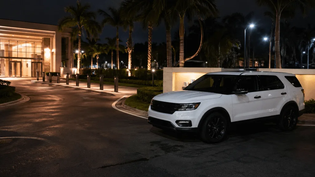 Mobile security patrol SUV outside commercial property at night in Miami, FL