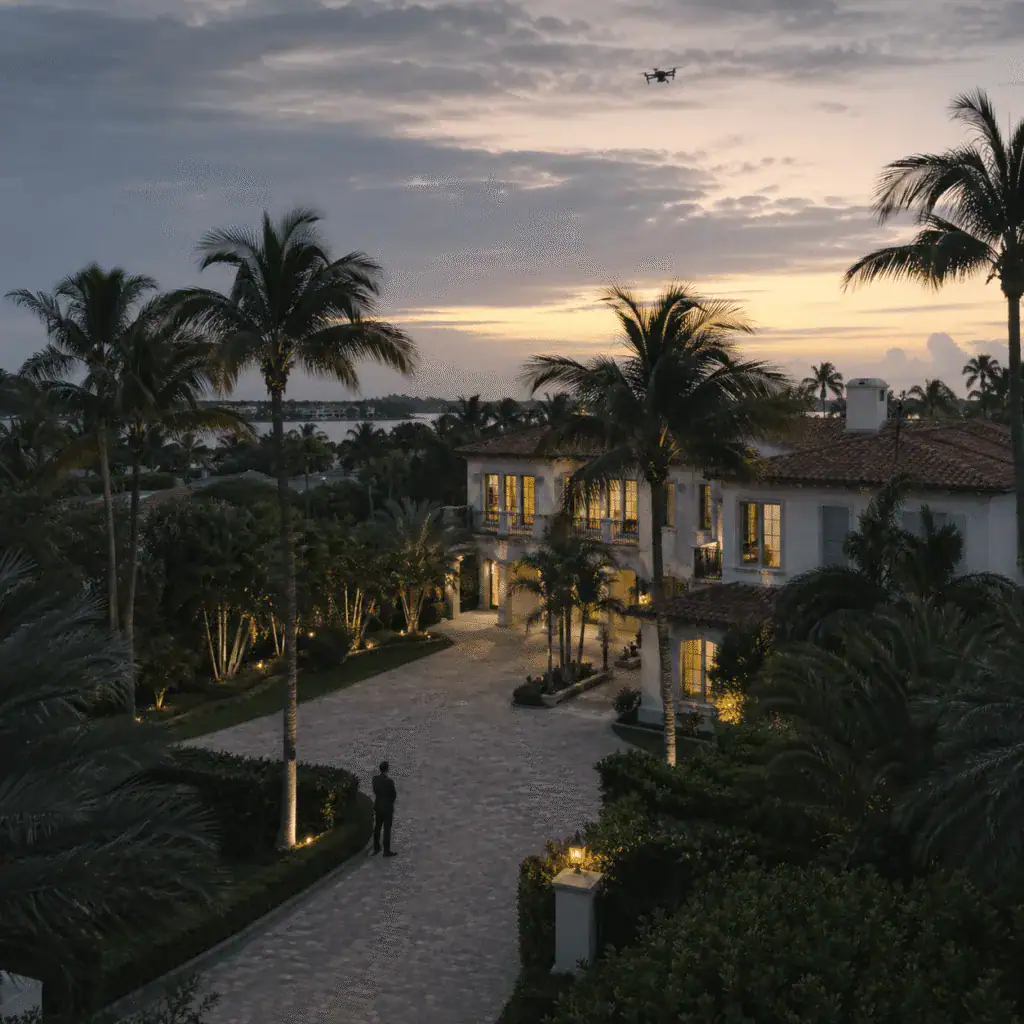 Aerial view of a tropical villa at dusk on Palm Beach Island
