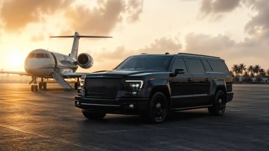Executive protection SUV positioned beside private jet for secure VIP transportation