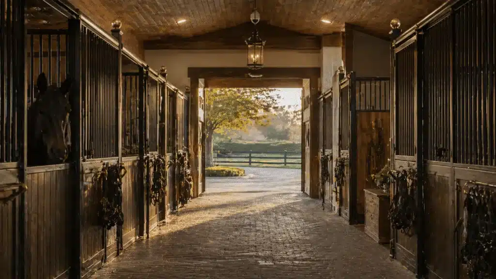 Sunlit horse barn aisle highlighting equestrian security and ranch protection services
