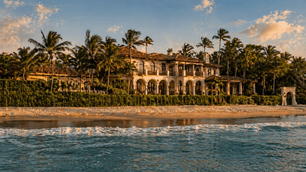 Luxury beachfront villa at sunset for estate security and residential protection services