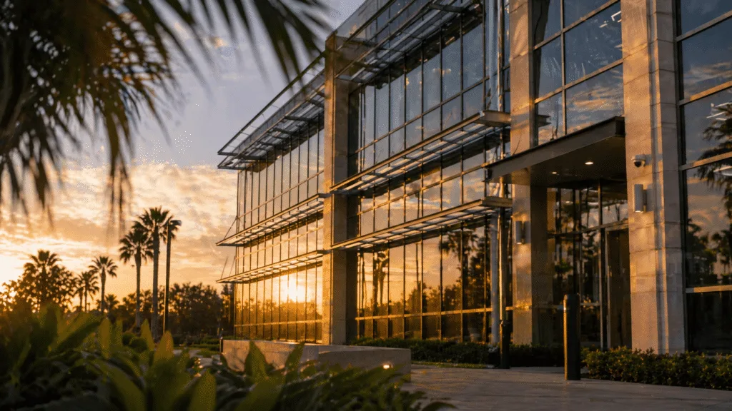 Modern corporate office building at sunset for security services in Boca Raton, FL
