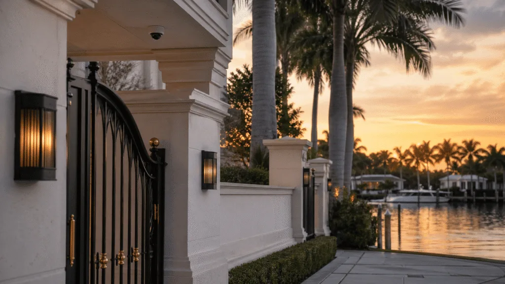 Estate security camera and gated waterfront property at sunset in Boca Raton, FL