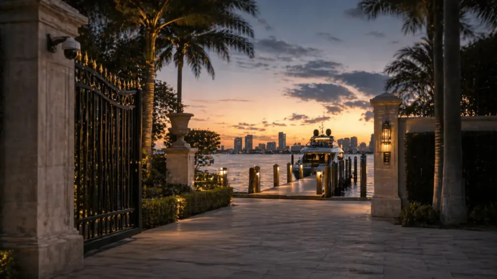 Luxury waterfront estate entrance with gated access and private yacht dock at dusk