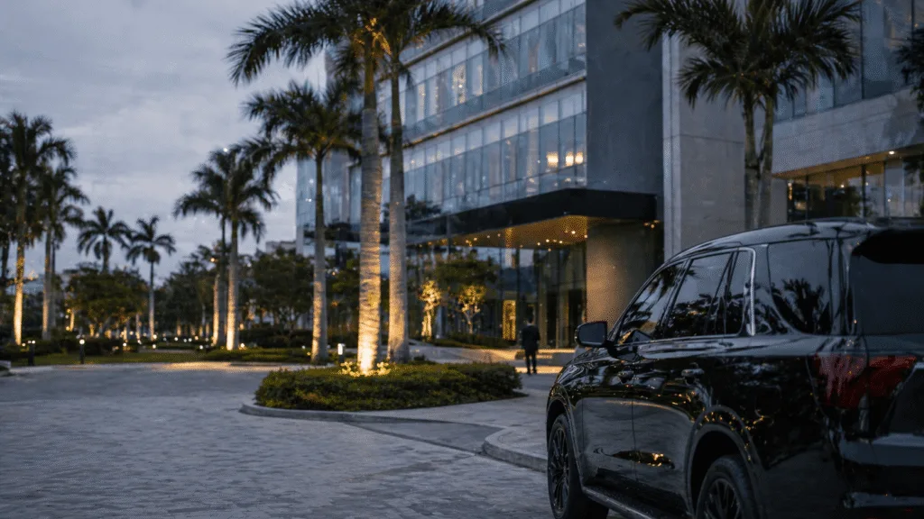 Executive protection SUV arriving at luxury Miami hotel for secure transport services