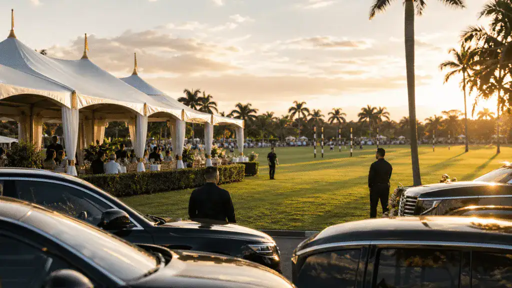 Event security staff monitoring a polo field gathering at sunset in Wellington