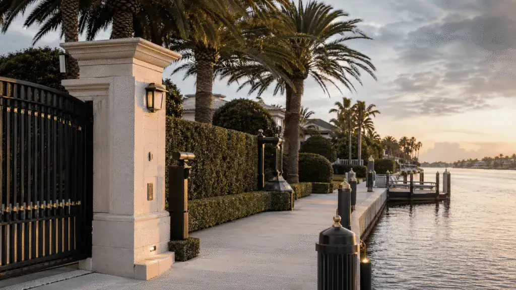 Gated waterfront estate walkway in Jupiter, FL for executive protection services