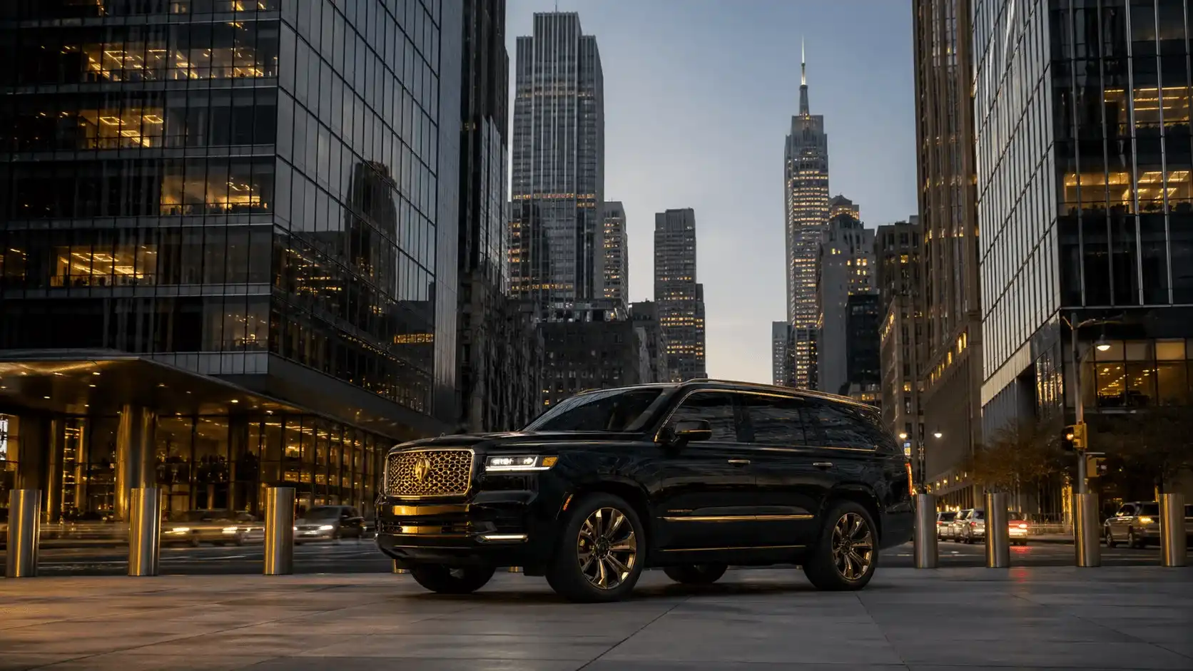 Executive protection SUV positioned in downtown Manhattan business district