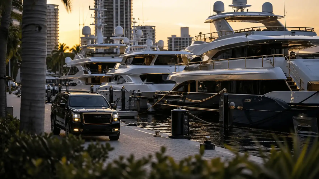 Luxury marina with executive transport SUV and superyachts at sunset