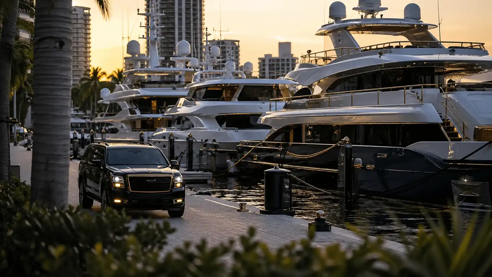 Luxury marina with executive transport SUV and superyachts at sunset