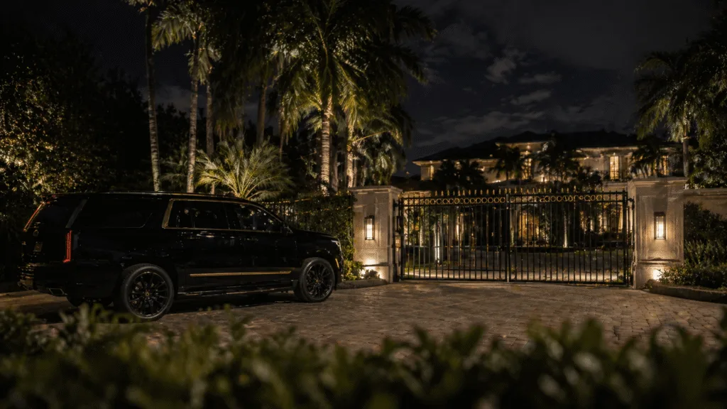 Mobile security patrol SUV outside a gated luxury home at night in Jupiter, FL.