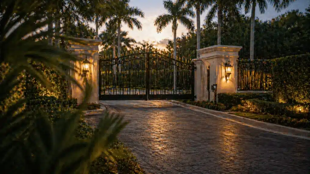Private security at gated estate entrance with palm trees in Boca Raton, FL