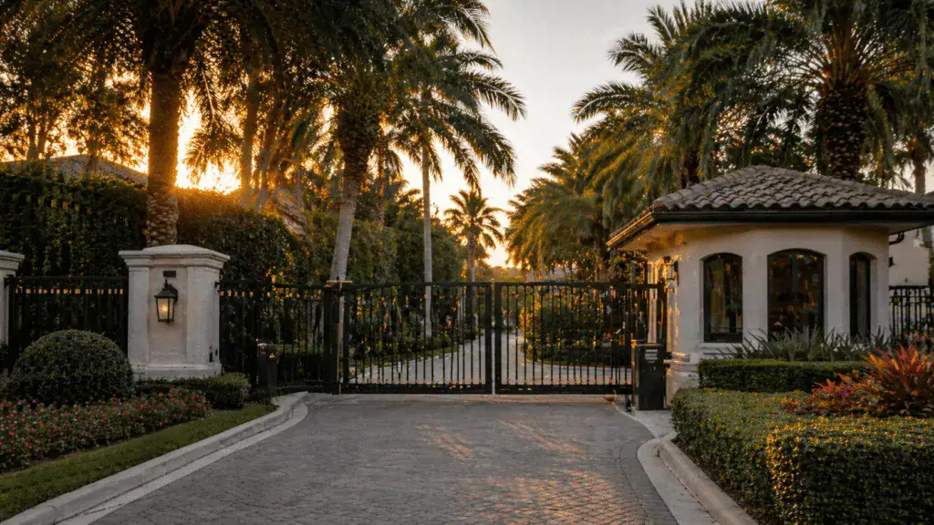 Gated luxury residence with guardhouse at sunset in Jupiter, FL for private security services