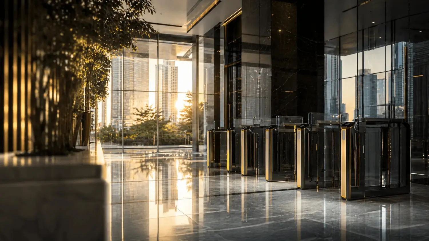 Luxury high-rise lobby with controlled access turnstiles and integrated security systems