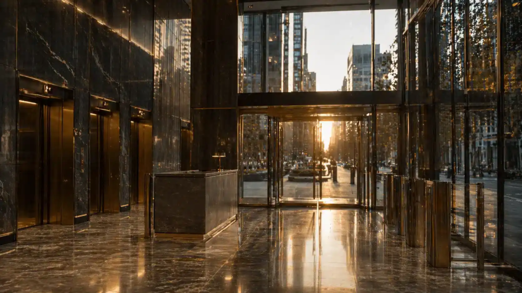 Luxury high-rise lobby with controlled access entry and security-focused design