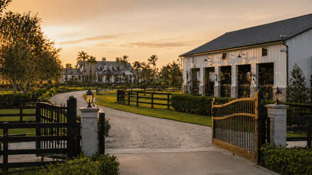 Gated equestrian estate at sunset with private security services in Wellington