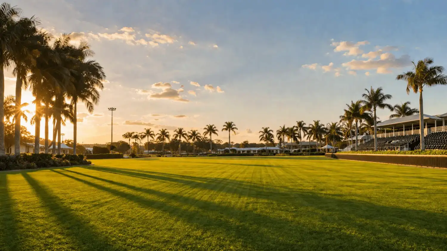 Outdoor sports venue with palm trees at sunset for event security in Wellington