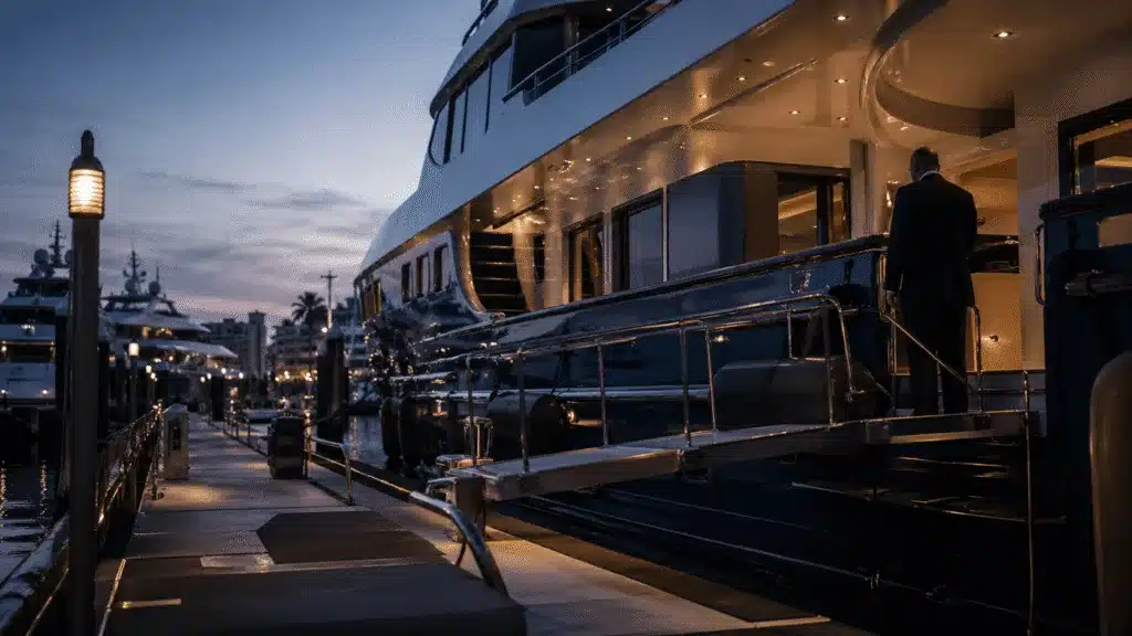 Superyacht security at a marina dock at dusk, protecting guests and vessel in Fort Lauderdale