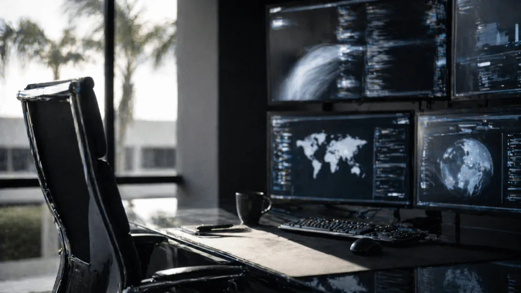 Security operations desk with multi-screen monitoring for CCTV and access control in Houston, TX