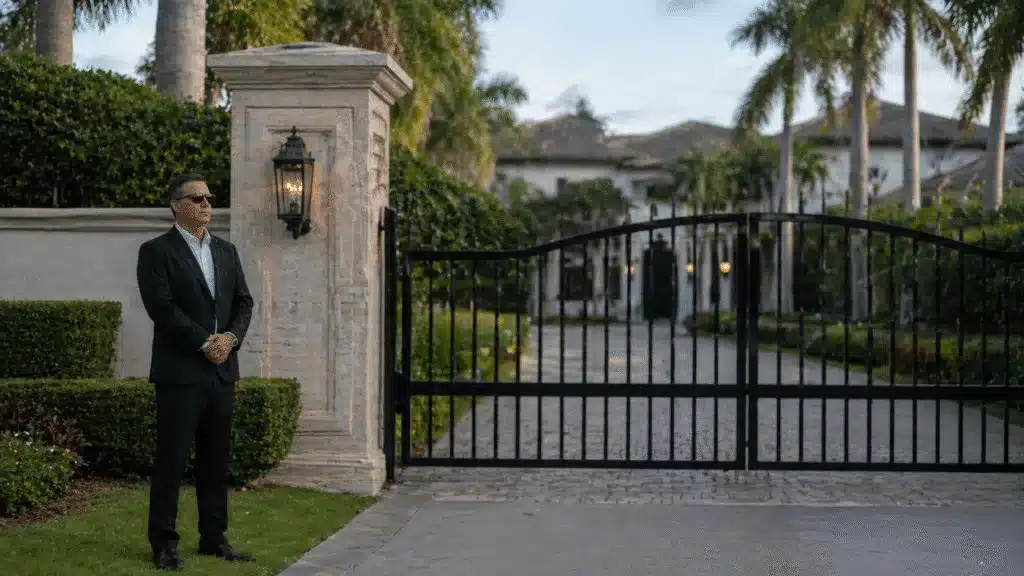 Unarmed security guard at gated estate entrance in Jupiter, FL for access control