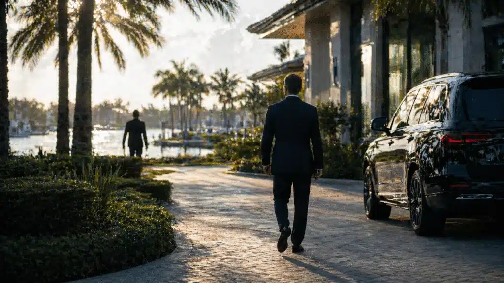 Executive protection agent beside luxury SUV at Fort Lauderdale waterfront estate