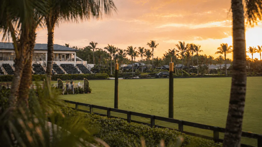 Palm-lined polo field at sunset in Wellington, FL for executive protection events