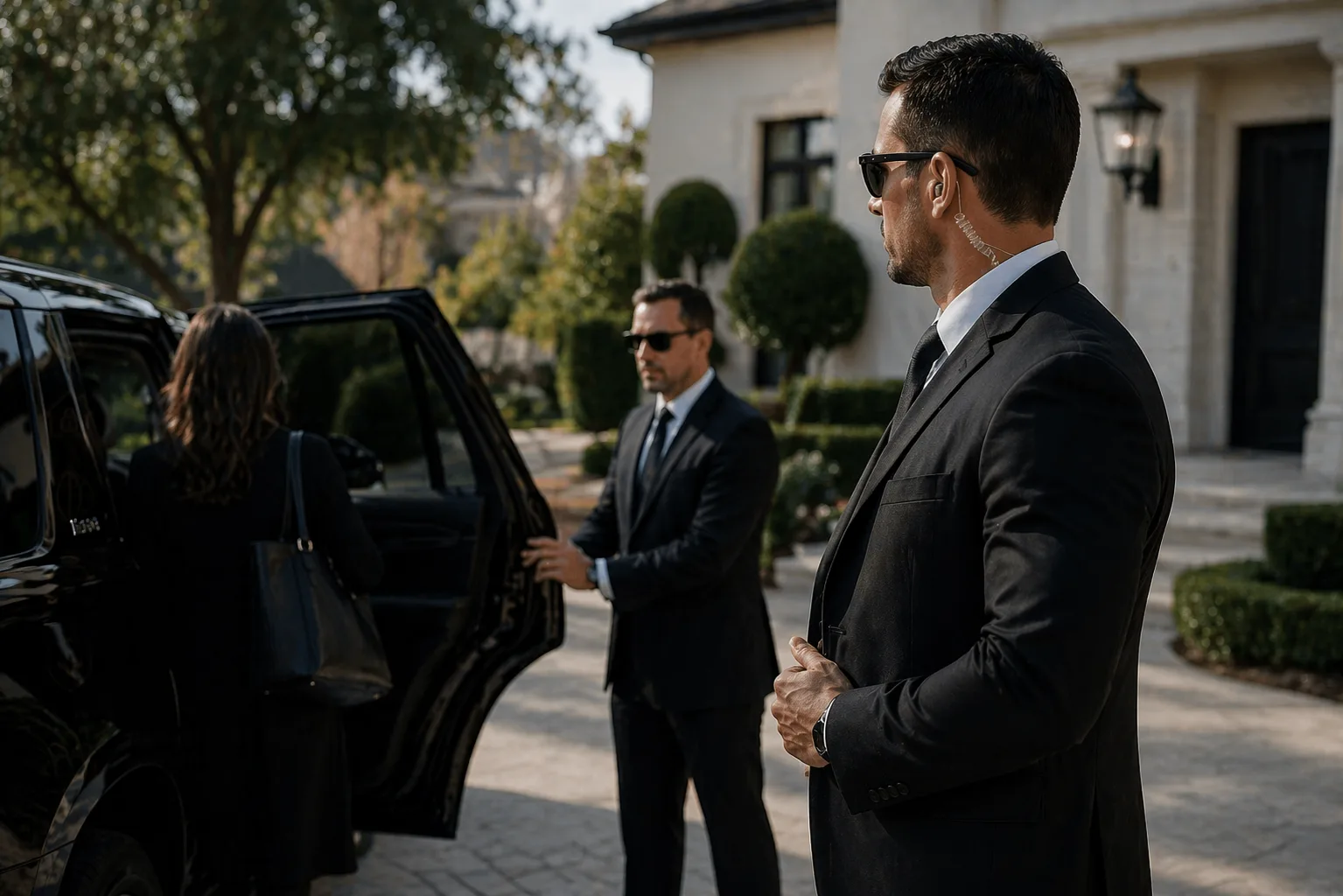 Discreet private security detail assisting a client into a vehicle outside a luxury residence, with trained operators maintaining close protection and situational awareness.