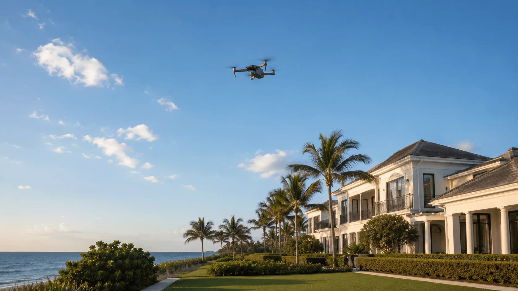 Small consumer drone hovering above a luxury waterfront estate