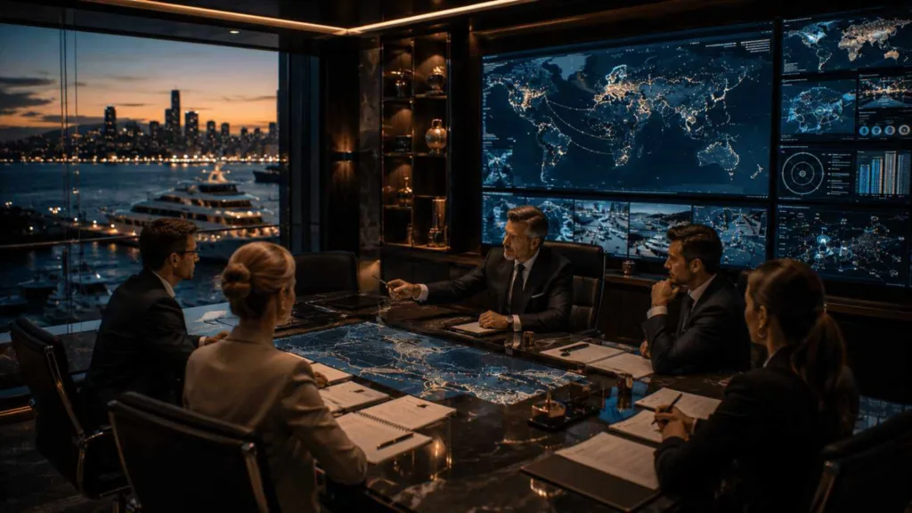 Family Office Security Strategy Meeting Overseeing Superyacht and Estate Risk Operations