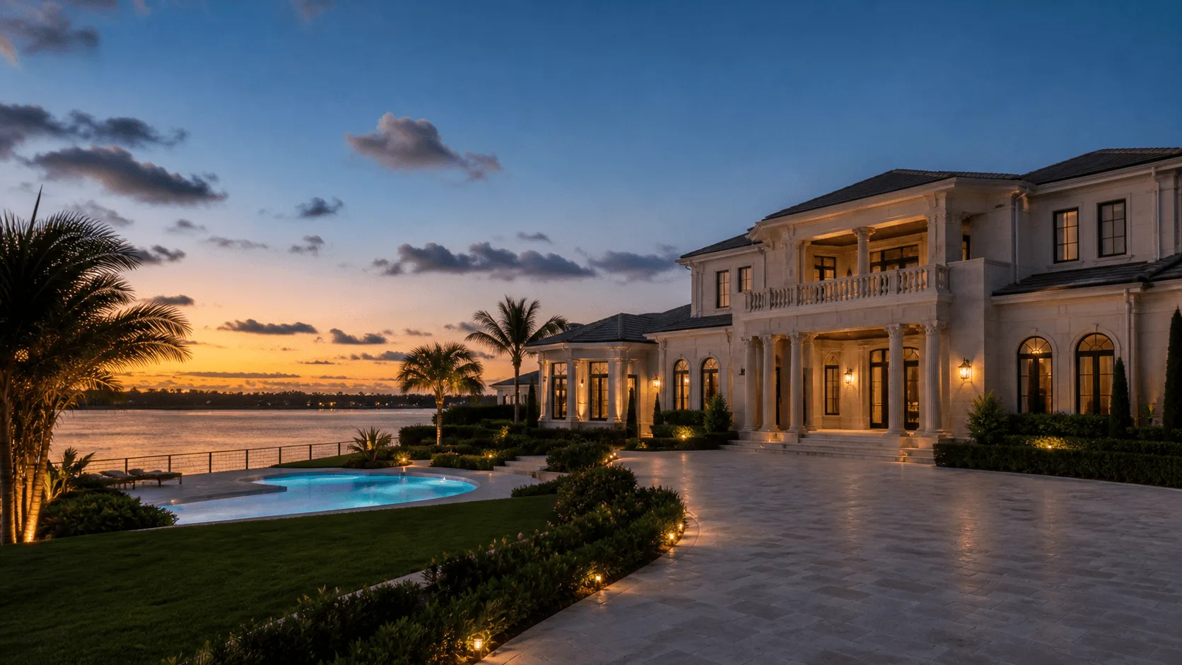Luxury waterfront estate at dusk with minimal exterior lighting, illuminated pool area, darkened windows, and empty driveway overlooking calm water.