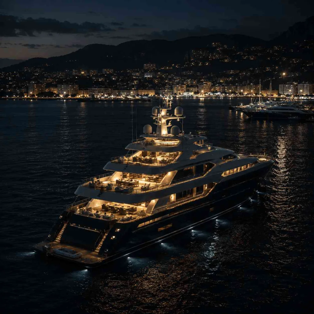 Luxury superyacht anchored offshore at night