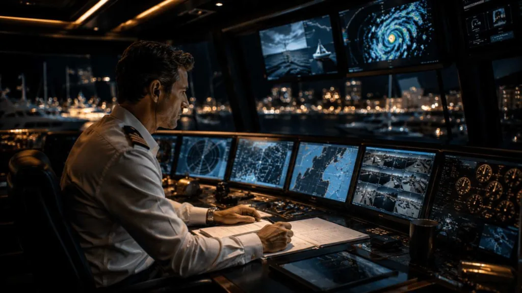 Superyacht Captain Monitoring Vessel Security and Navigation Operations