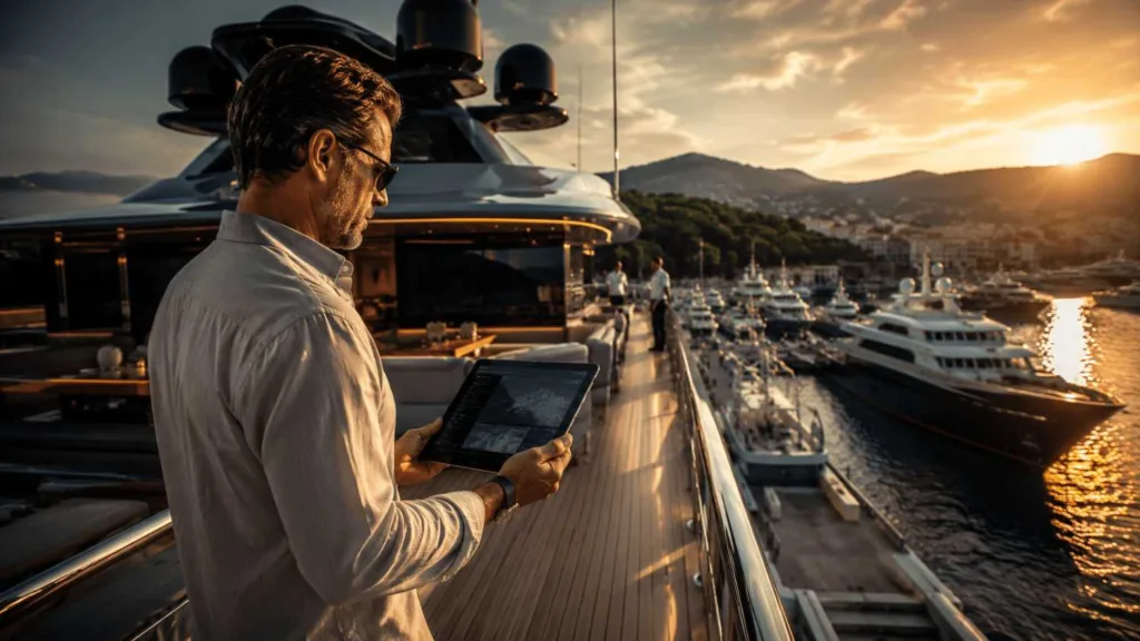 Superyacht Owner Reviewing Vessel Security Intelligence at Private Marina