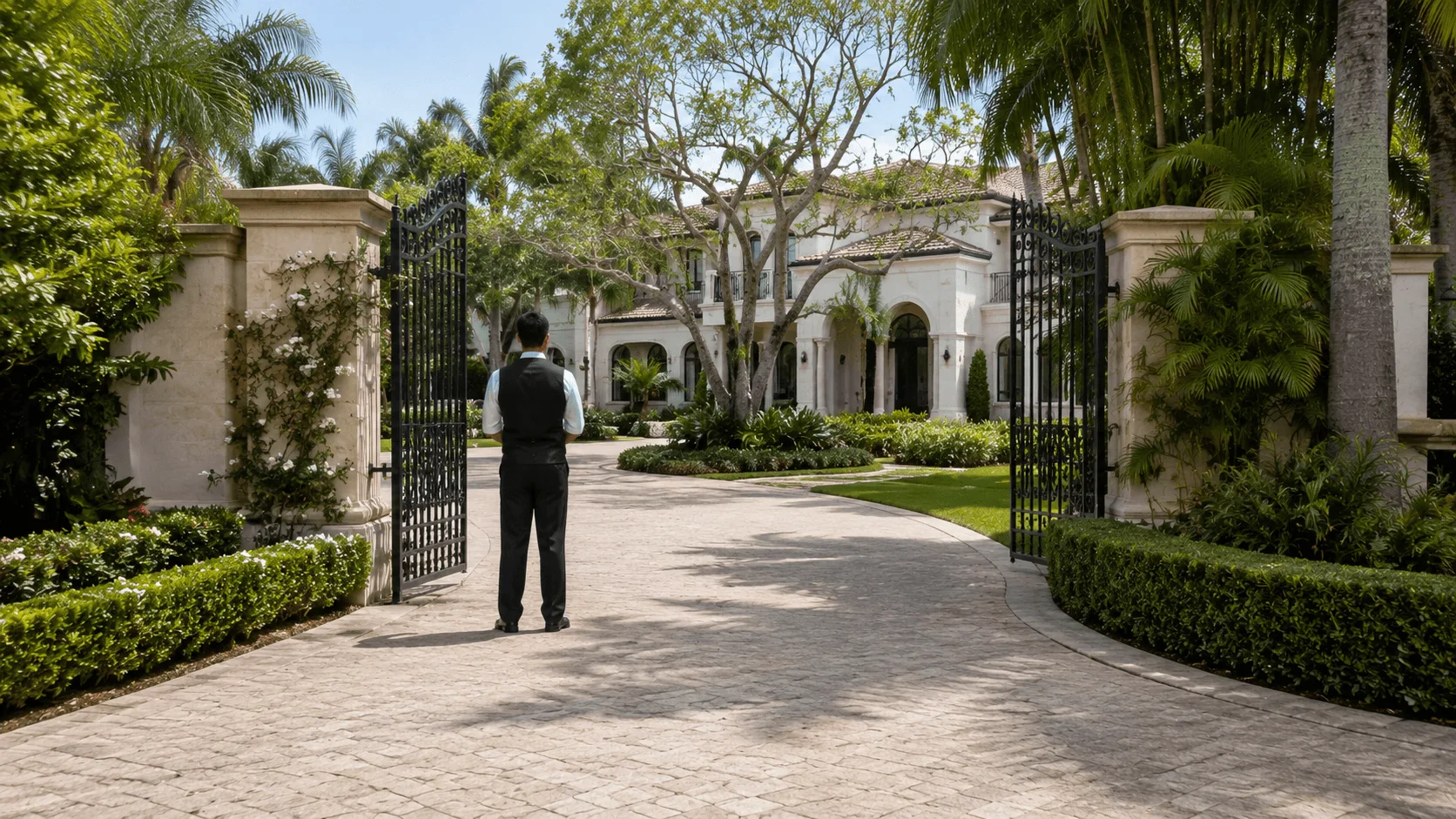 Professional Household Staff Member at Luxury Estate Entrance