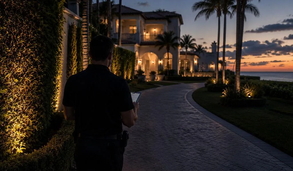 A security professional conducting an estate assessment at a Naples luxury property