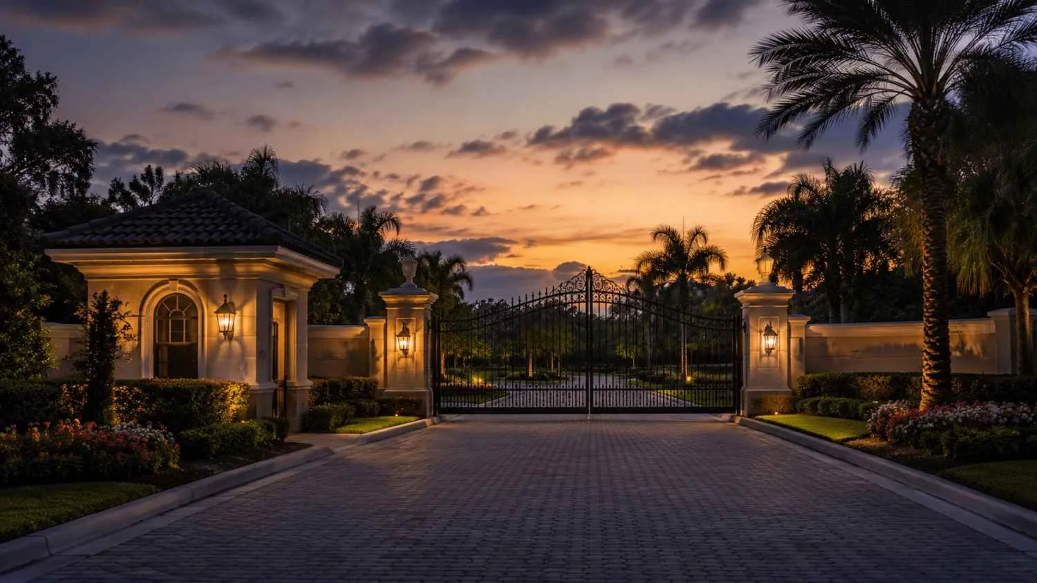 Gated entrance to a Naples luxury community at dusk illustrating perimeter security gaps