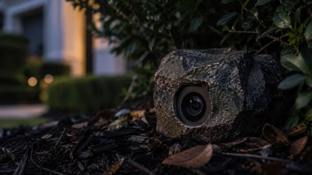 Concealed surveillance device near a luxury home illustrating burglary crew pre-operation reconnaissance