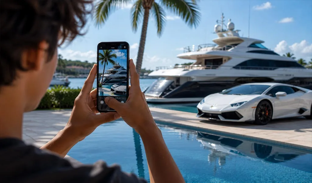 A family member sharing a luxury lifestyle moment on social media, illustrating digital exposure for Naples families