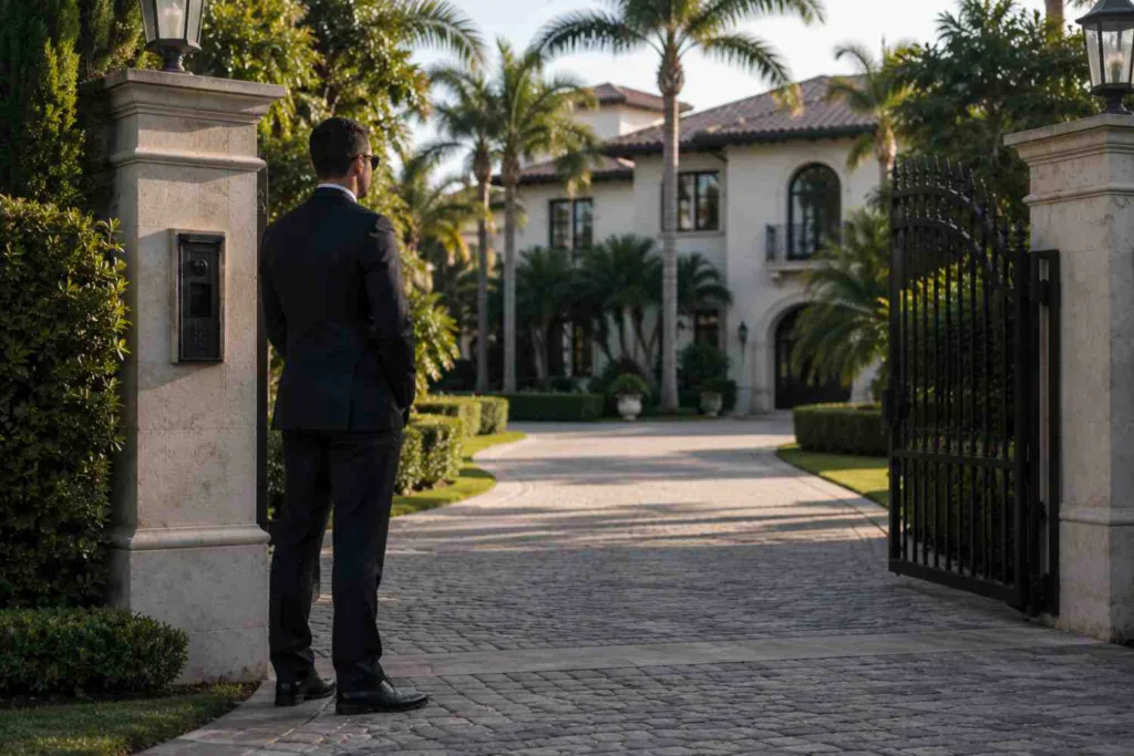 Professional protective officer at a Naples luxury estate conveying operator-grade guard service