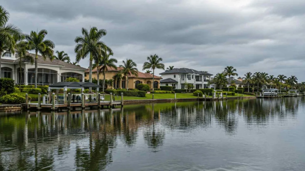 Waterway behind homes in a Naples gated community showing an approach that bypasses the front gate