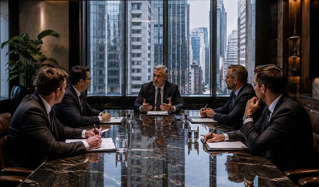 Corporate executives discussing executive protection strategy in a modern boardroom